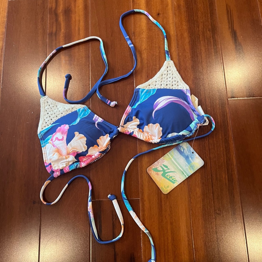 Hobie Crochet Bikini Top Tropical Floral Blue Pink Triangle Swim New Size Medium